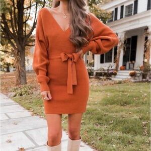 CAITLIN COVINGTON X PINK LILY The Chelsea Wrap Burnt Orange Sweater Dress